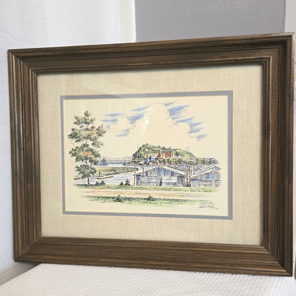 Ink Watercolor Signed Needer Framed Art Textured Matte Country Farm Scene Bridge - Picture 1 of 10
